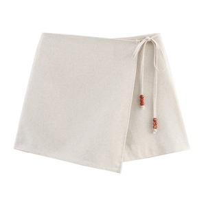 Gonna a portafoglio beige con lacci decorati e perline in misto lino stile boho