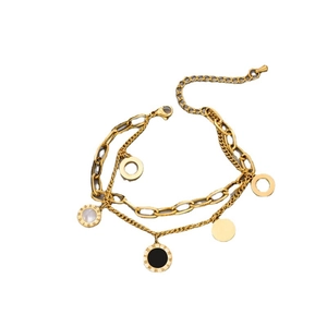 Double-layered gold titanium steel bracelet with Roman numerals and black onyx pendants
