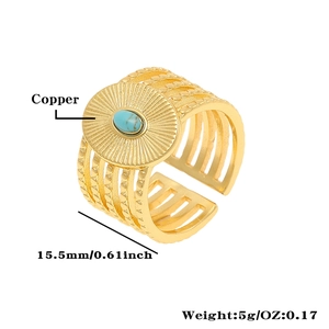 Detail view of multi-layer copper ring featuring a turquoise stone and adjustable band
