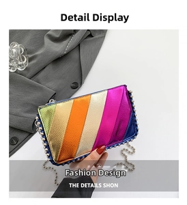 Detail of metallic rainbow patchwork small square bag with silver bead trim and chain