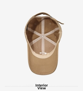 Detailed interior of a brown canvas baseball cap with stitching and metal buckle