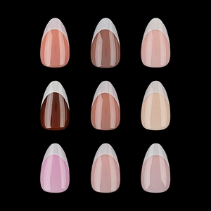 Glossy French manicure tips in 9 colors with almond shape on black background