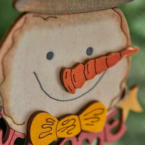 12cm wooden Christmas snowman ornament with 3D carrot nose and cutout letters