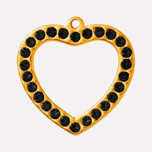 Detailed view of a gold heart pendant with black rhinestones on a clean grey background