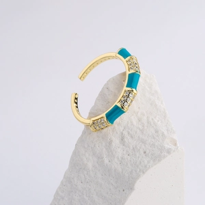 Bohemian 18K gold plated ring with turquoise enamel segments and sparkling white zircons