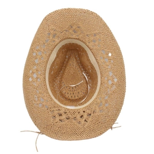 Vue de dessus détaillée d'un chapeau de paille kaki avec bord ajouré et bandeau interne