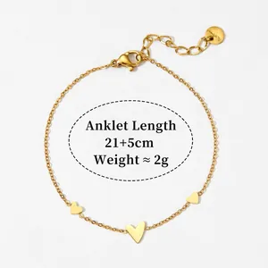 Gold stainless steel heart anklet with polished heart charms and lobster clasp
