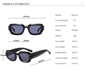 Detailed size chart for punk style square sunglasses with exact frame dimensions