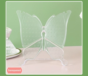 Detailed close-up of clear acrylic butterfly earring organizer with hanging holes