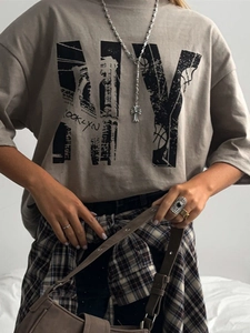 T-shirt oversize en coton gris pour femme avec imprimé NY Brooklyn et épaules tombantes