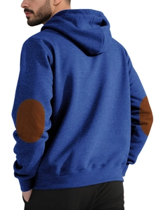 Rear view of blue men hoodie with contrast brown oval elbow patches and knit texture
