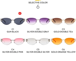 Collection of rimless Y2K cat-eye sunglasses with detailed engraved metal temples
