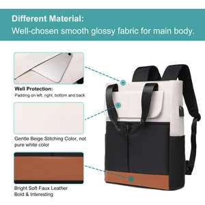 Fashionable travel laptop backpack with USB port and padded protection in beige and brown