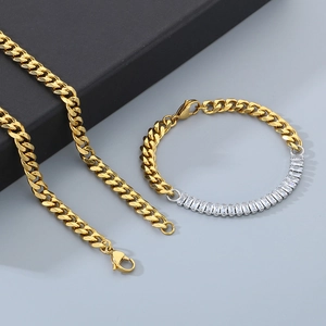 Detail of gold-plated Cuban link jewelry set with rectangular crystal embellishments
