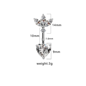 Tableau détaillé des tailles du piercing de nombril en zircon coeur avec mesures précises