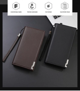 Detailed view of men's business long wallets in black and brown lychee grain leather
