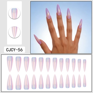 Set of 24 iridescent pearlescent stiletto press-on nails in purple aurora mirror finish