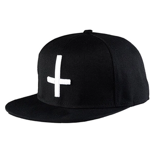 Black hip hop baseball cap with white cross embroidery and flat brim design