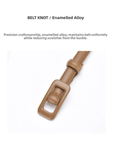 Close-up of brown leather belt featuring a lacquered alloy buckle to prevent scratches