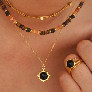14K gold plated stainless steel layered necklace set with black onyx sun pendant