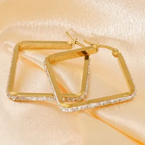 Square Hoop Earrings 18K Gold Plated Stainless Steel Cubic Zirconia Inlaid Geometric Minimalist Fashion Jewelry For Women