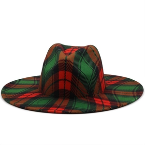 Close-up of the red and green plaid tartan wool fedora hat with a 9.5cm wide brim