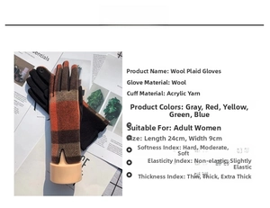 Detailed view of red and black plaid woolen gloves with 24cm length and soft acrylic lining