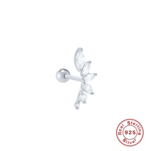 S925 sterling silver curved petal stud earring with marquise zirconia stones on white background