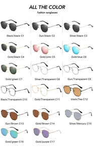 Collage of 17 irregular metal frame sunglasses with various colorful polarized lenses