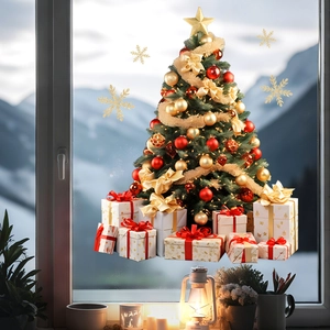 Detailed view of Christmas tree and gift box window stickers on a glass surface