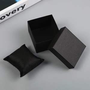 Premium black leather-texture square watch box with lid and interior cushion pad