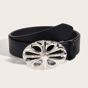 Retro black leather belt featuring an ornate silver rhinestone floral cross buckle