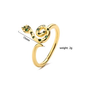 18K gold plated snake open ring with green zircon stones, 15mm width and 2g weight