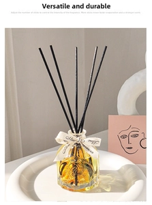 Detail of rose citrus reed diffuser set with glass bottle and black sticks in home setting