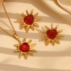 French Vintage Stainless Steel Gold Plated Sunburst Heart Necklace And Earrings Red Rhinestone Fashion Jewelry For Women