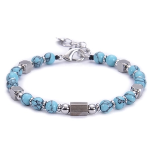 Detail of adjustable 6mm turquoise beaded bracelet with silver square metal accents