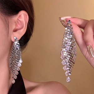 Luxurious gold plated long tassel earrings with silver needles and zircon water drops