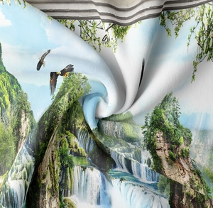 Detail of high-definition nature tapestry showing soft fabric texture and waterfall print