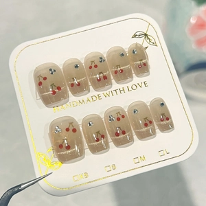 Faux Ongles Faits À La Main Motif Cerise Gel Magnétique Œil De Chat Avec Strass Style Français Carré Ovale Frais Sucré