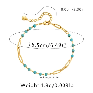 Detailed size specifications for the turquoise beaded bracelet with adjustable chain
