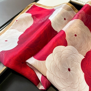Elegant mulberry silk scarf with red and beige camellia patterns and golden borders