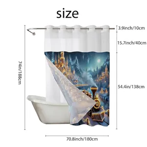 Waterproof waffle fabric Christmas shower curtain with castle print and size chart dimensions