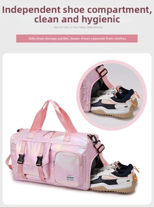 Detail view of pink iridescent fitness bag showing the functional side shoe compartment
