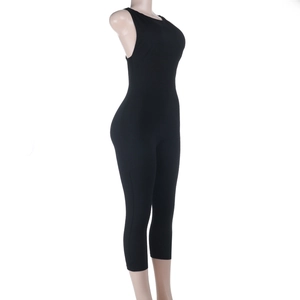 Side view of black sleeveless compression jumpsuit showing high-elasticity fabric on mannequin