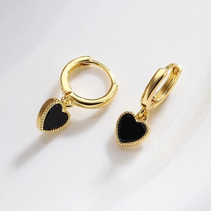 Elegant gold-plated hoop earrings featuring mini black enamel heart pendants with beaded edges