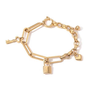 18K gold plated chain bracelet featuring heart, lock and key charms on a white background