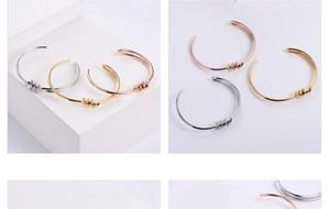 Detailed view of minimalist knot bracelets in silver, gold, and rose gold stainless steel