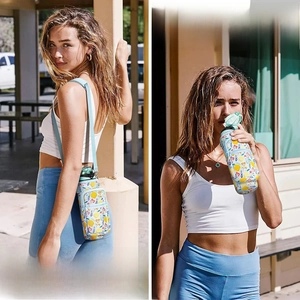 Insulated SBR water bottle sleeve with lemon patterns, shoulder strap, and silicone straw