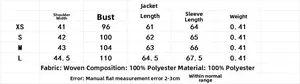 Detailed size chart for the casual hooded jacket with specific measurements in centimeters