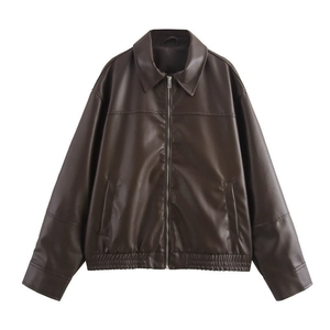 Retro dark brown faux leather bomber jacket with shirt collar and metal zipper detail